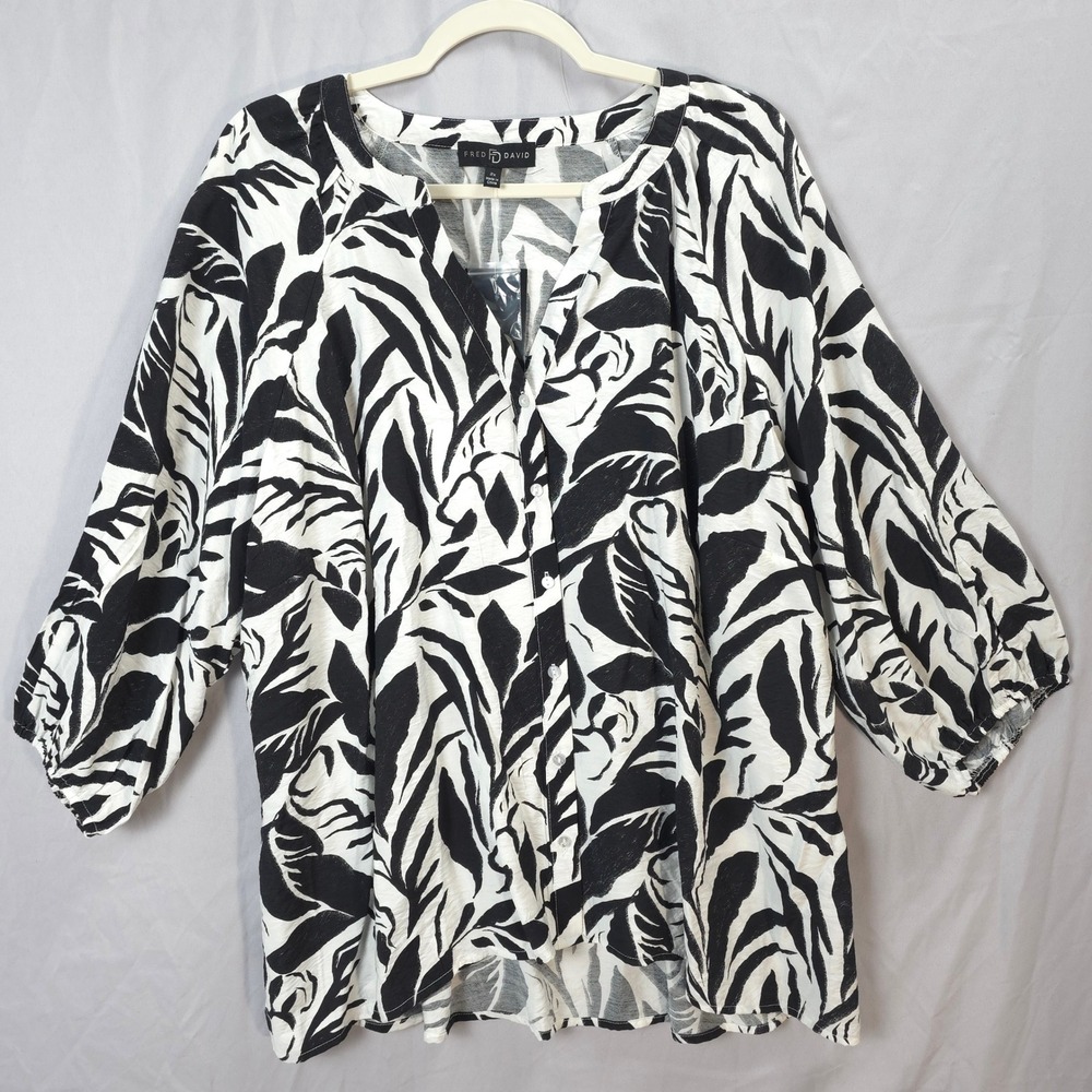 Fred David Blouse 2X Black White Tropical Leaf Button Front Lightweight Top Boho